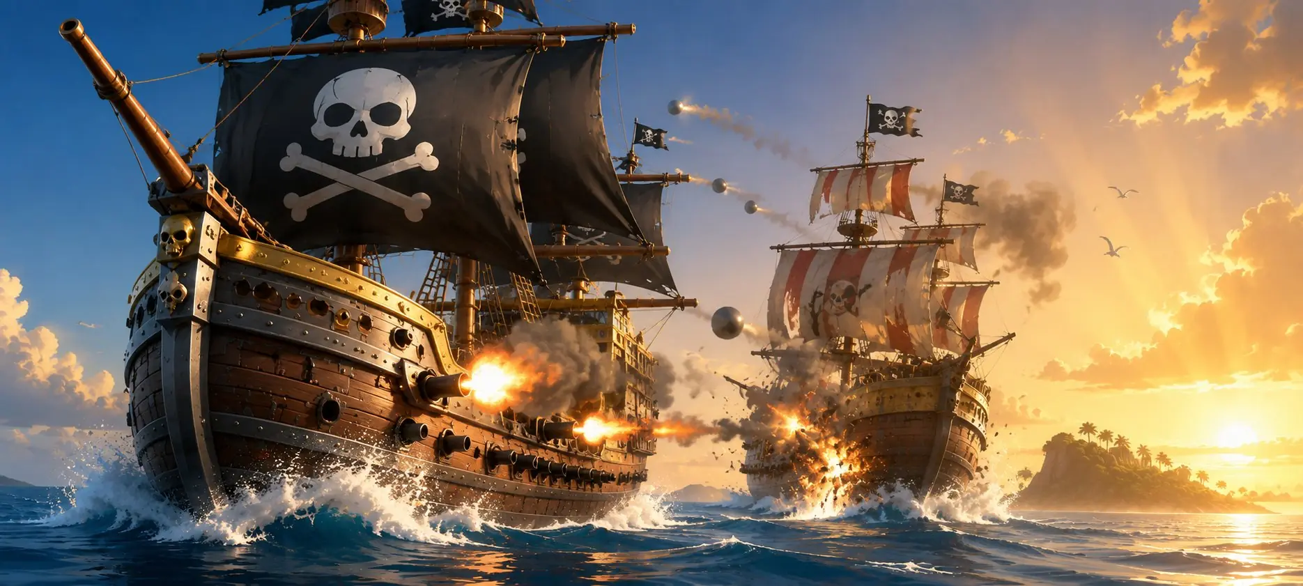 Two galleons trading broadsides at close range